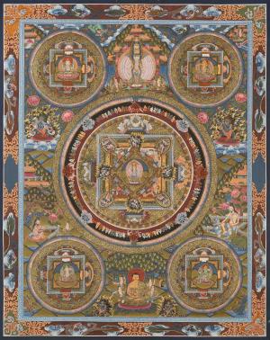Avalokiteshvra surrounded by 5 Mandala | Traditional Hand-Painted Buddhist Mandala Thangka